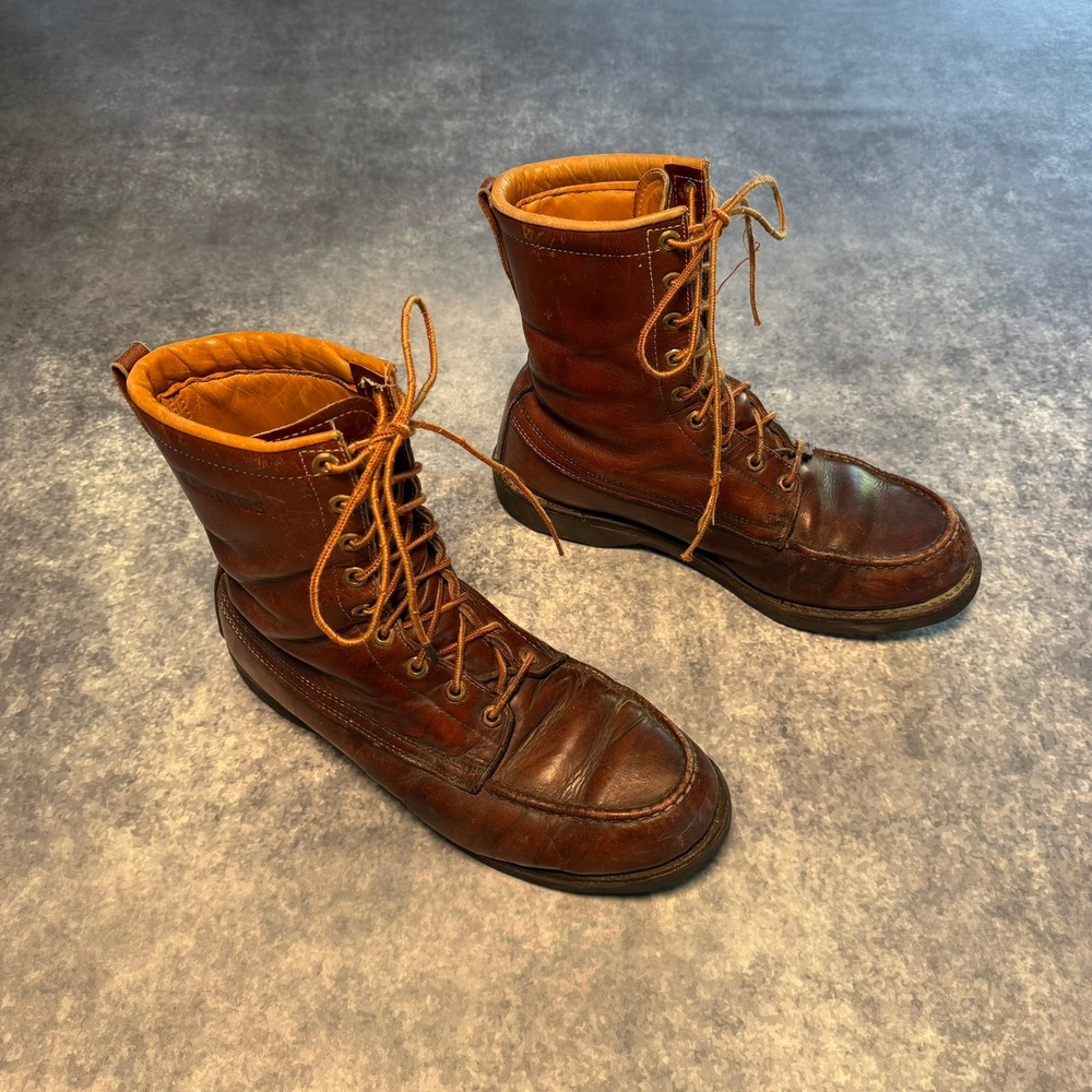 Vtg 70s Herman Survivors Mens 9.5W Brown Leather Moc Toe Work Boots Vibram USA